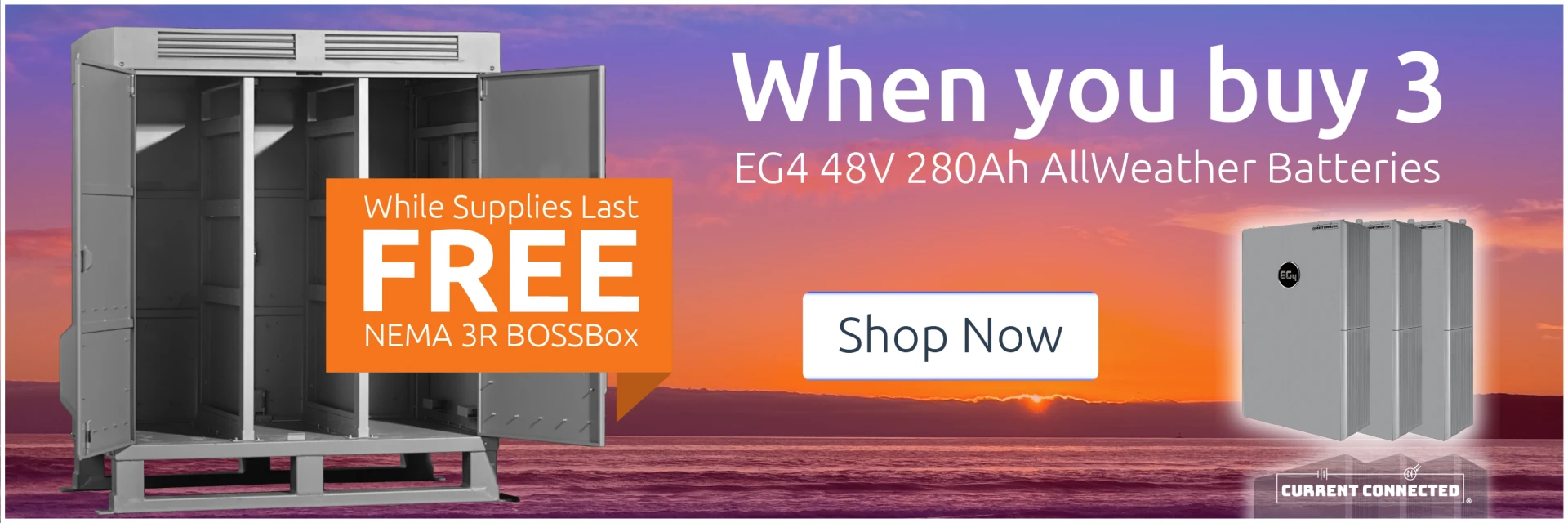 Banner showing the NEMA 3R BossBox and three EG4 48V 280Ah batteries overlayed on an ocean shore during sunset. The text says, "While supplies last, get a free BossBox enclosure when you buy three EG4 48V 280Ah batteries."